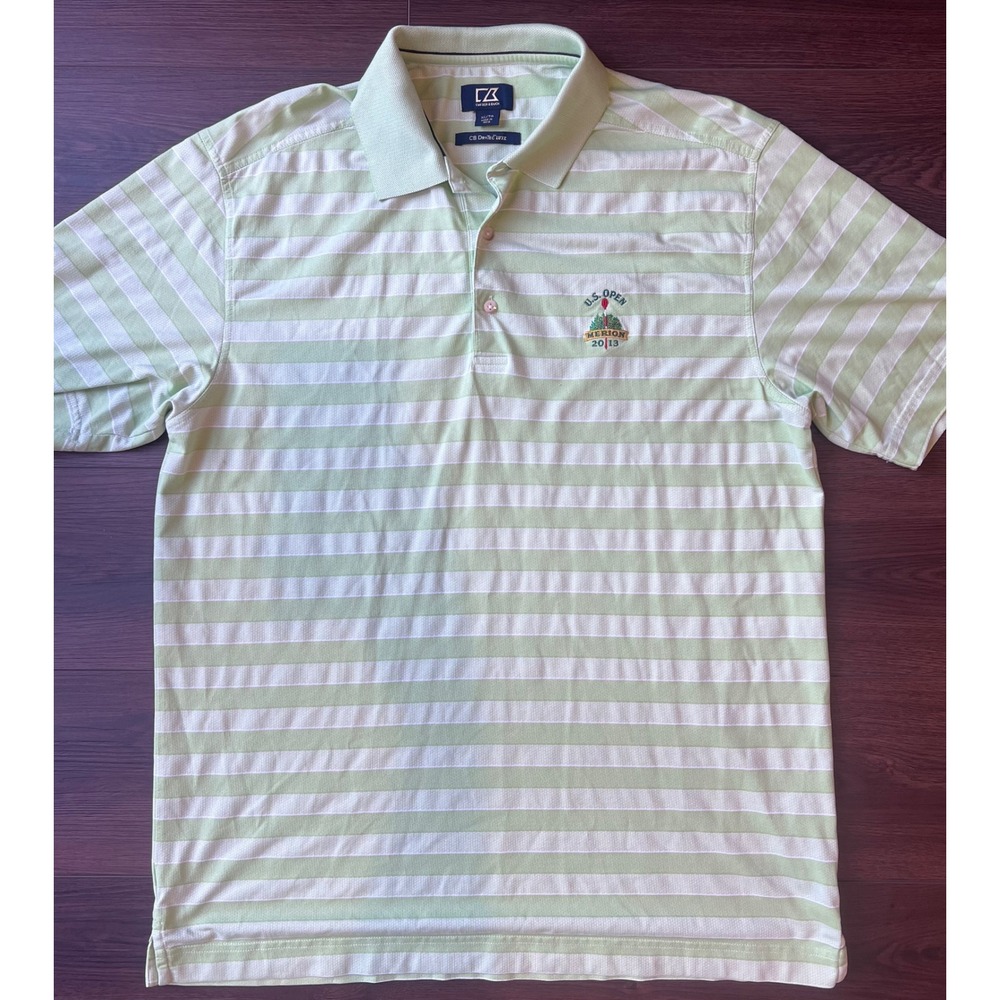 Cutter & Buck Mens XL Green Striped 2013 US Open Merion Golf Polo Shirt DryTec